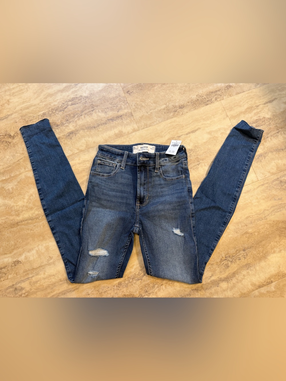 Hollister Women's Dark Blue Skinny Jeans with Distressed Knees